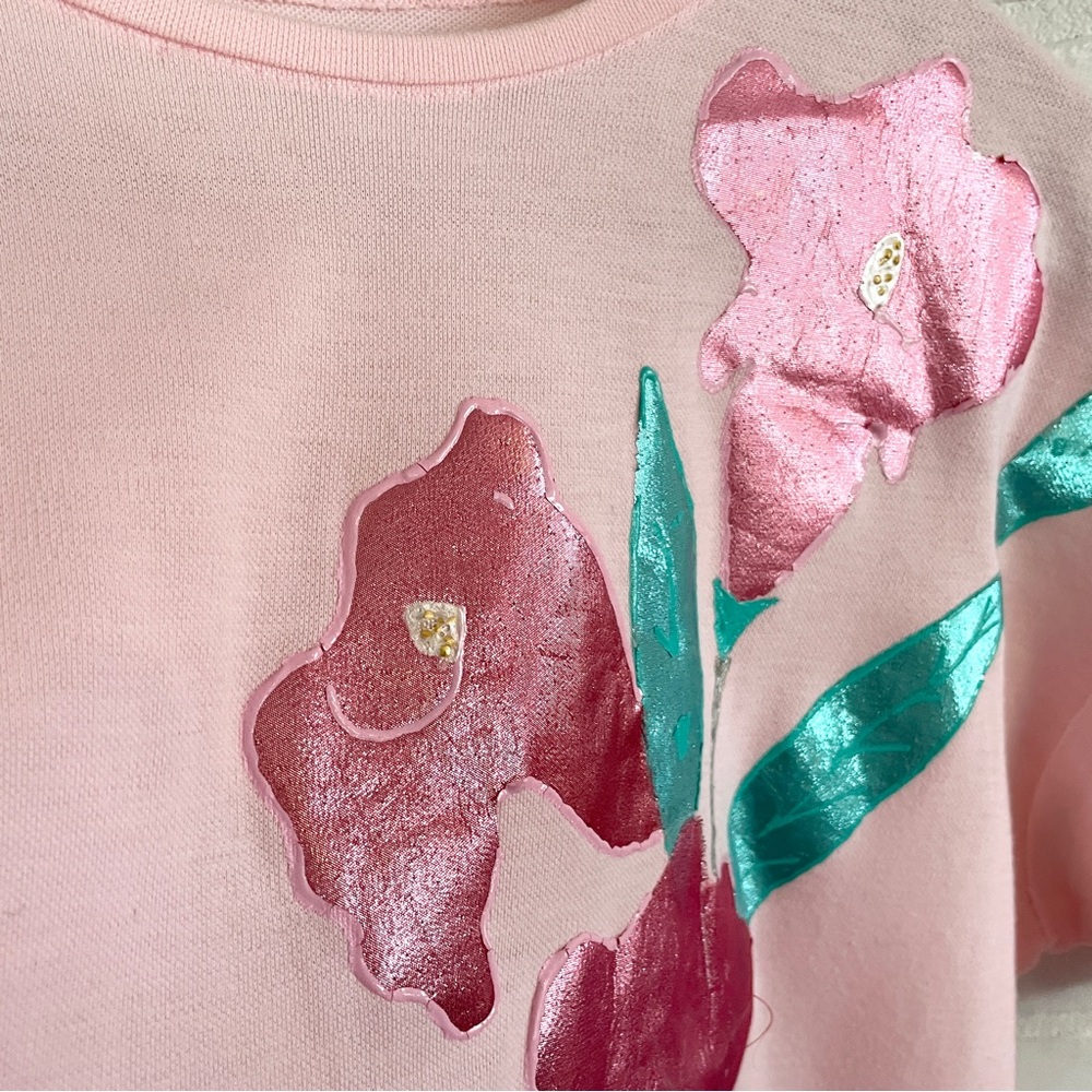 80s Artwear Graphic Appliqué Tee Iridescent Floral One Stitch Handmade Sz M - Picture 7 of 13